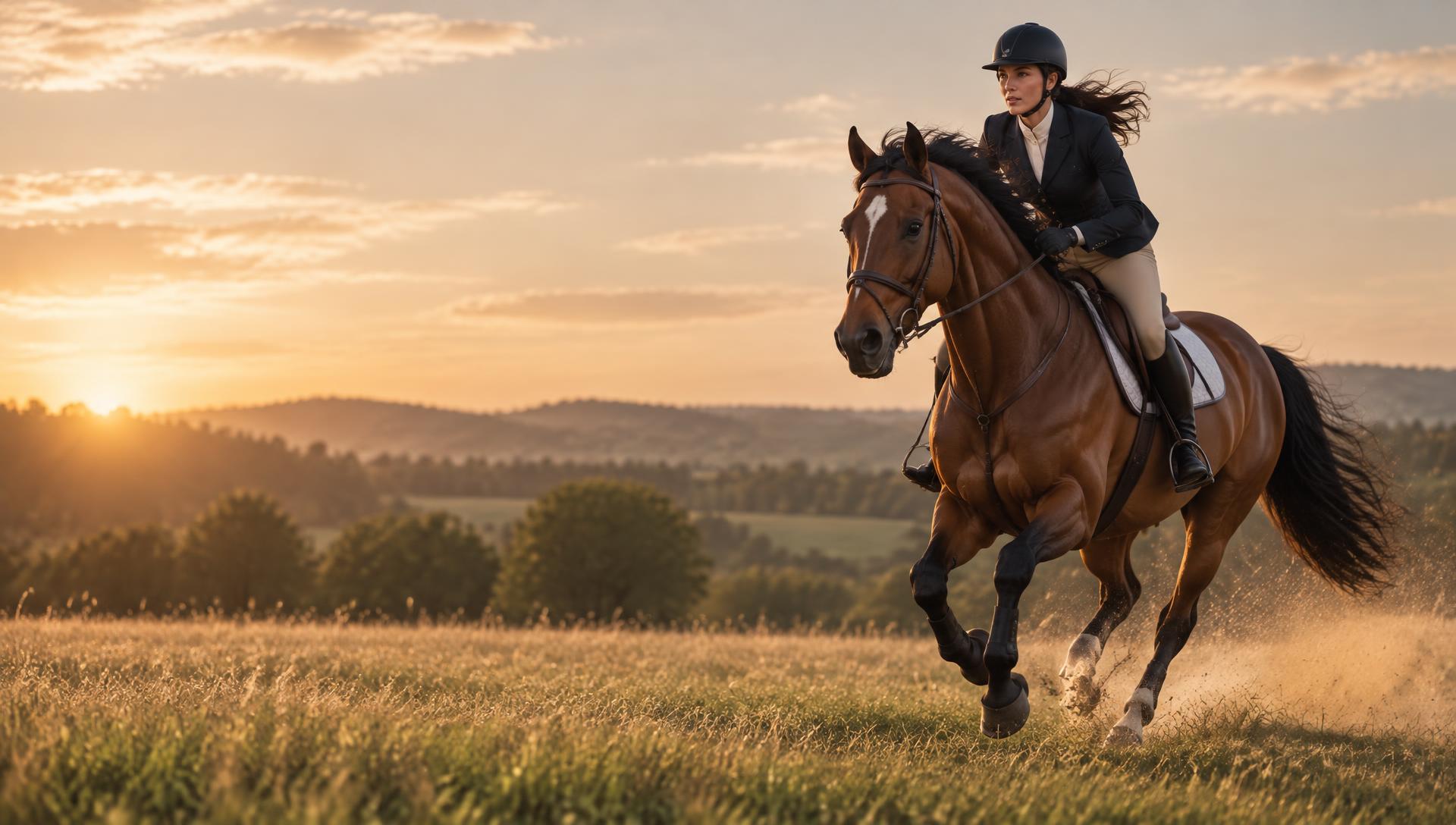 A rider galloping a bay horse across an open field